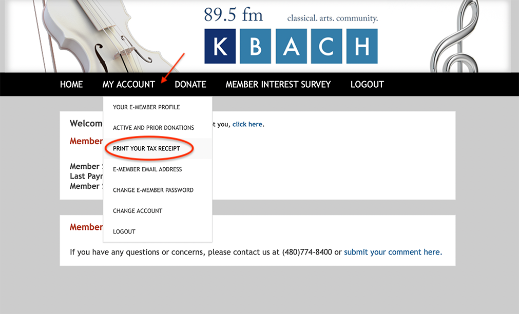 A screenshot of the KBACH E-Member Account page with a red arrow pointing to the My Account option in the menu and Print Your Tax Receipt circled in red